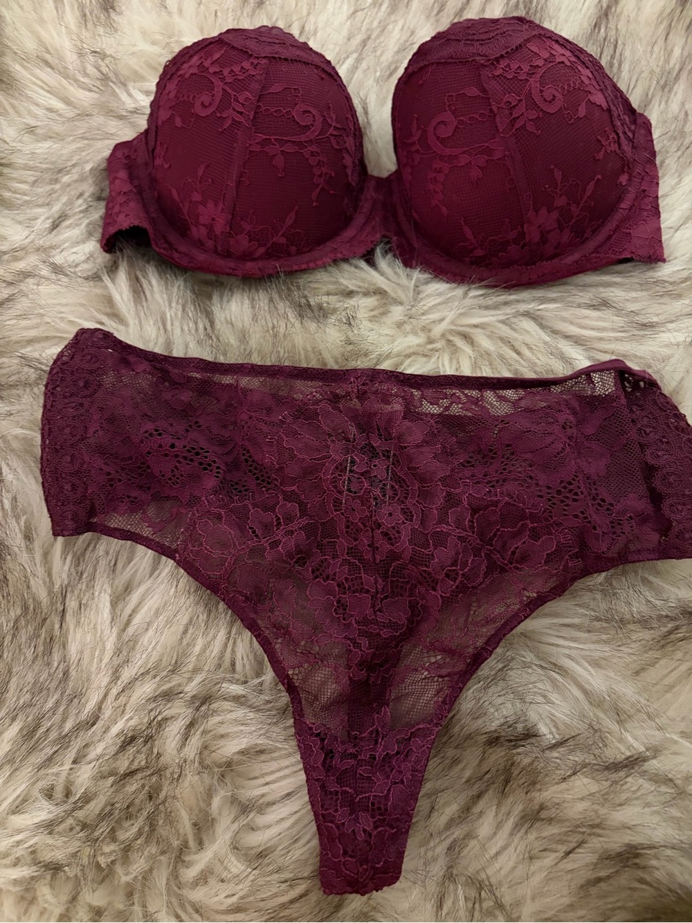 Victoria's Secret Wine Lace Strapless Push-Up Bra & Lace Bikini